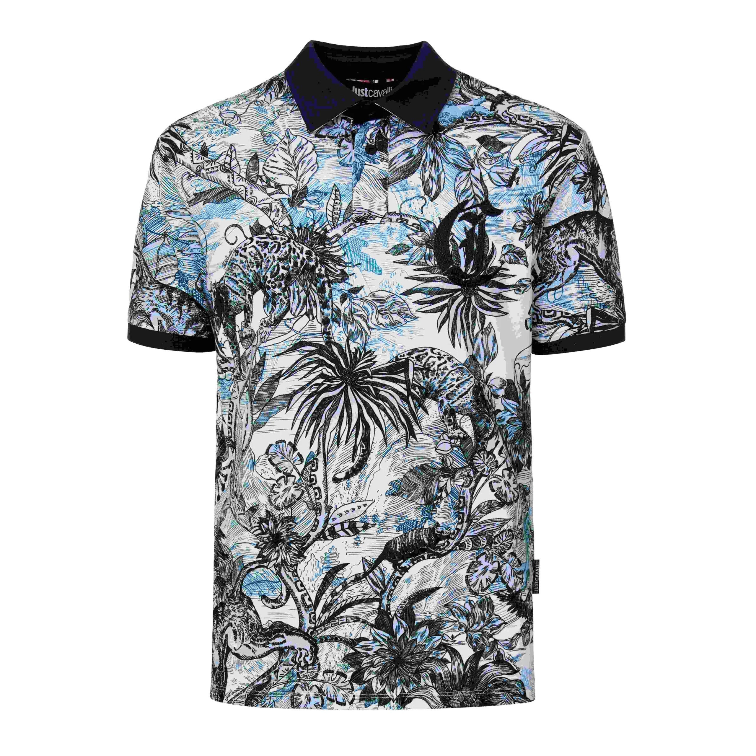 Just Cavalli Strange Jungle Polo T-Shirt in Medieval Blue, featuring an exotic jungle print, available at Lestyle Boutique.