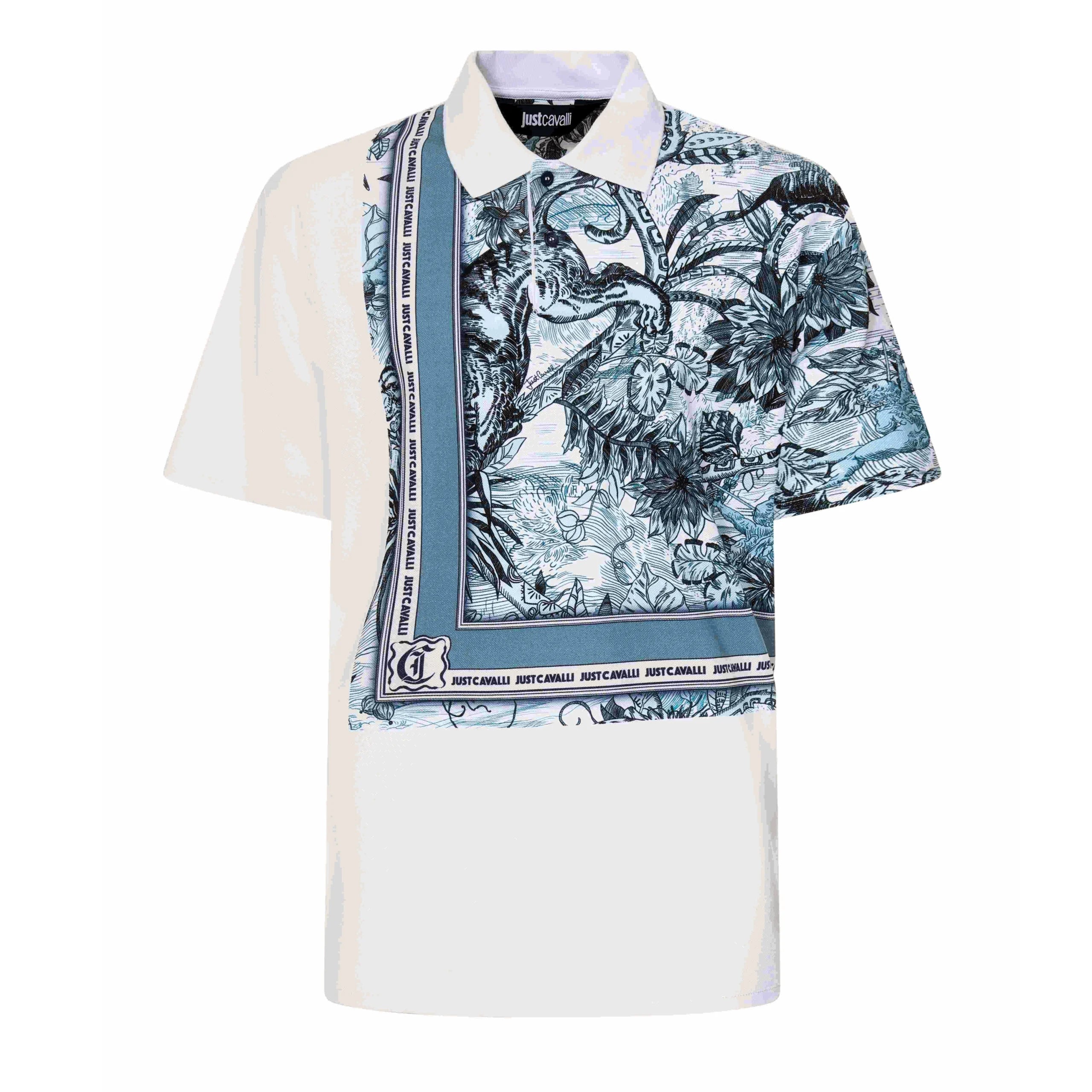 Just Cavalli Contrast Placed Panel Polo T-Shirt in Medieval Blue and White featuring a graphic panel design, available at Lestyle Boutique.