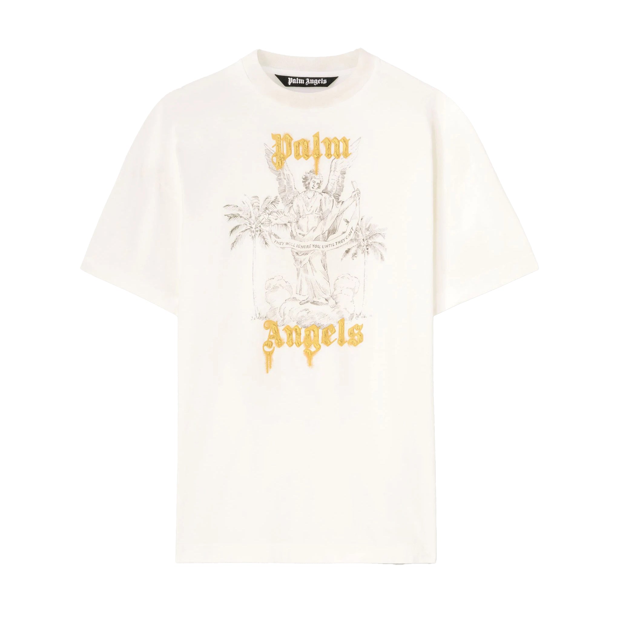 Palm Angels white angel pencil T-shirt with gold "Palm Angels" lettering and grey sketch, available at Lestyle Boutique Melbourne. A stylish and artistic choice for casual wear.