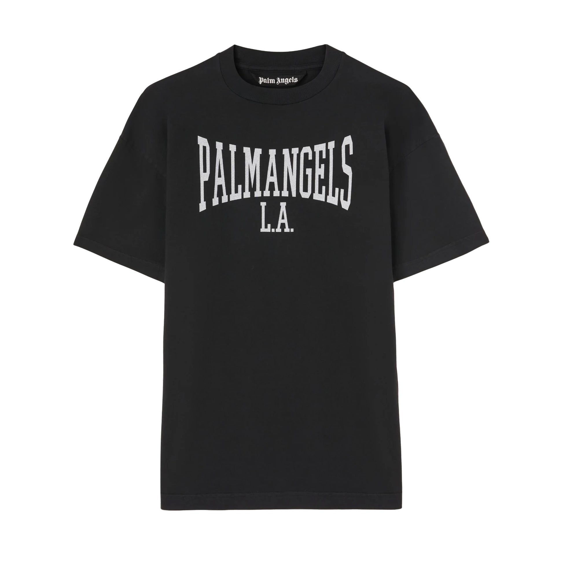 Palm Angels black college T-shirt with white "Palm Angels L.A." lettering, available at Lestyle Boutique Melbourne. A stylish and comfortable choice for casual wear.