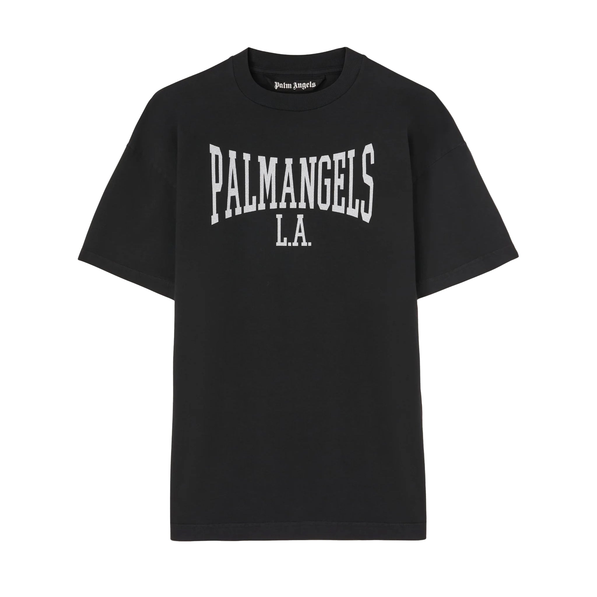Palm Angels black college T-shirt with white "Palm Angels L.A." lettering, available at Lestyle Boutique Melbourne. A stylish and comfortable choice for casual wear.