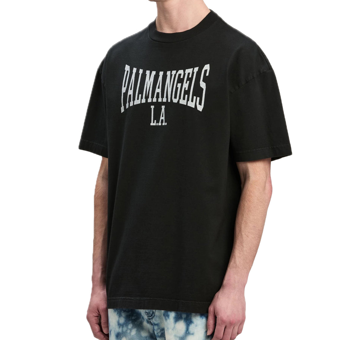 Palm Angels black college T-shirt with white "Palm Angels L.A." lettering, available at Lestyle Boutique Melbourne. A stylish and comfortable choice for casual wear.