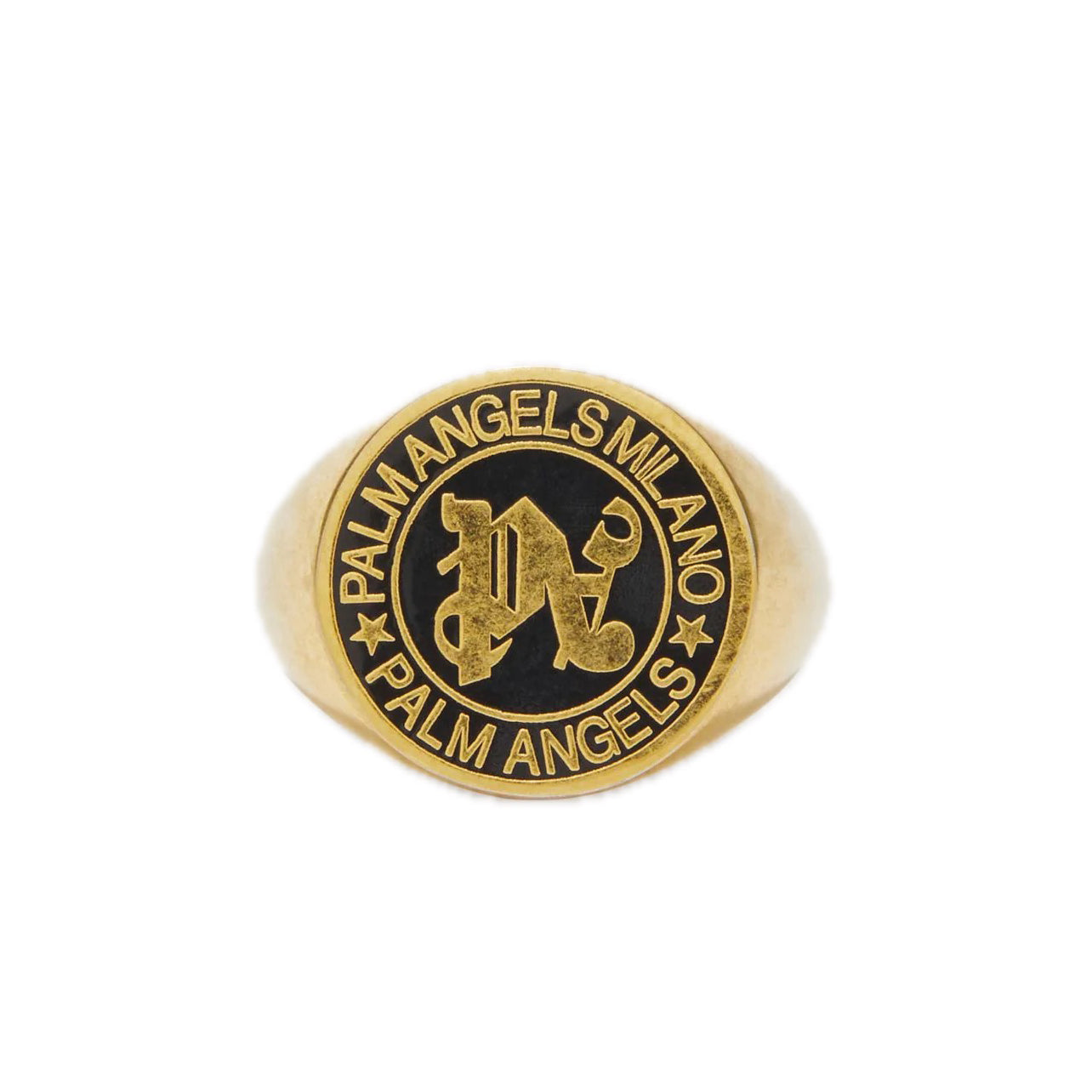 Palm Angels antique gold-plated brass monogram ring with black enamel and Milano inscription, available at Lestyle Boutique Melbourne. A bold and luxurious accessory for any occasion.