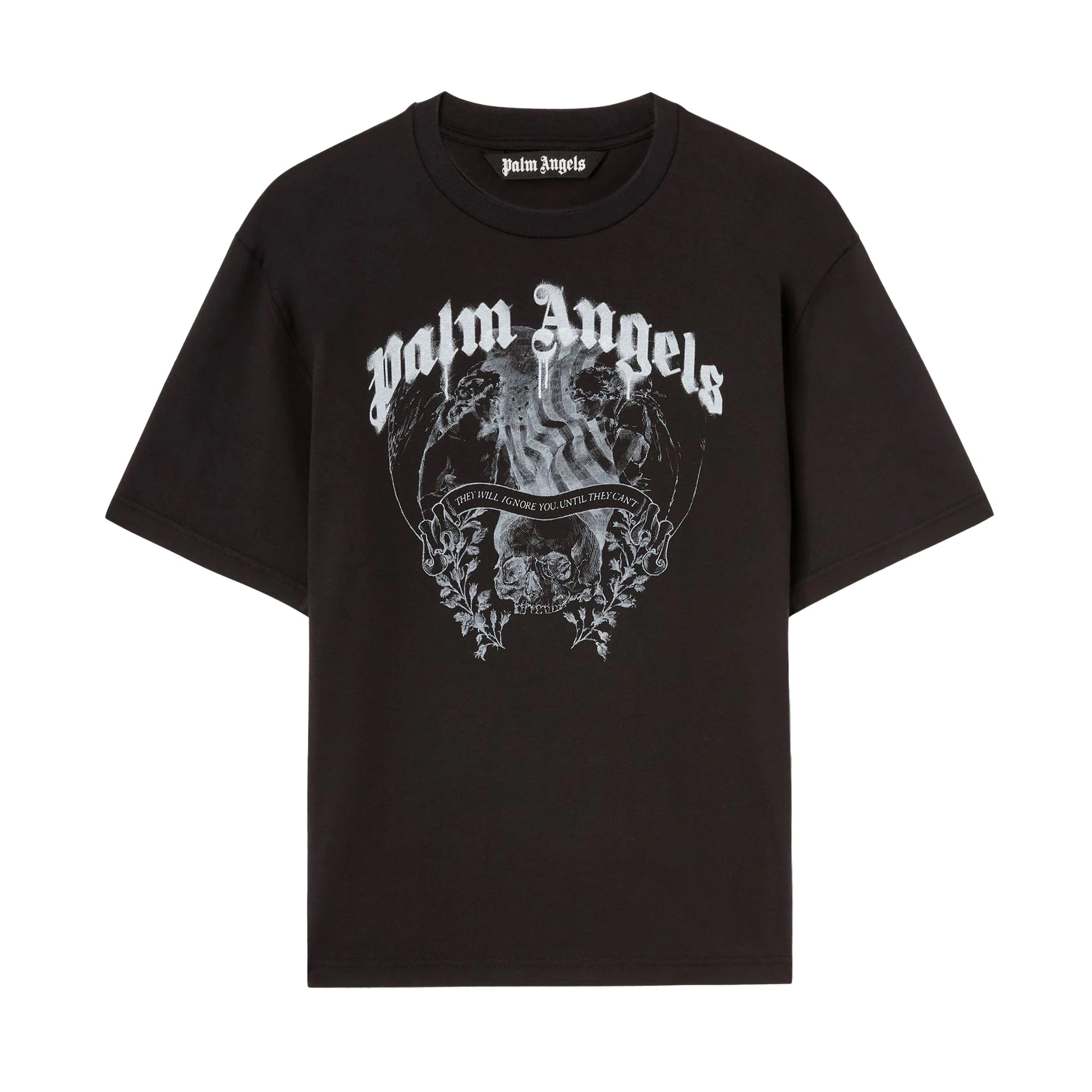 Palm Angels black statement pencil T-shirt with skull and floral graphic, available at Lestyle Boutique Melbourne. A bold and stylish choice for casual wear.