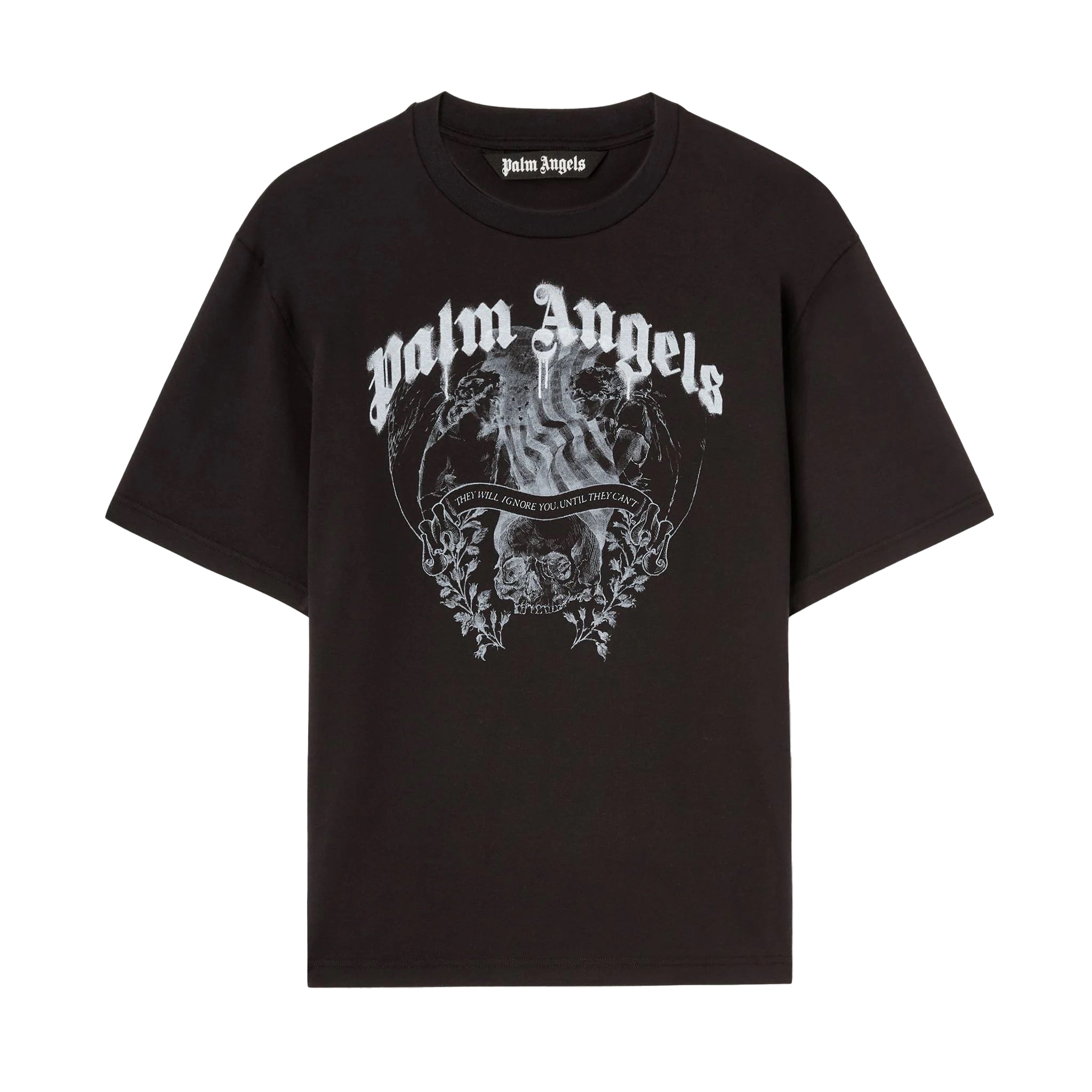 Palm Angels black statement pencil T-shirt with skull and floral graphic, available at Lestyle Boutique Melbourne. A bold and stylish choice for casual wear.