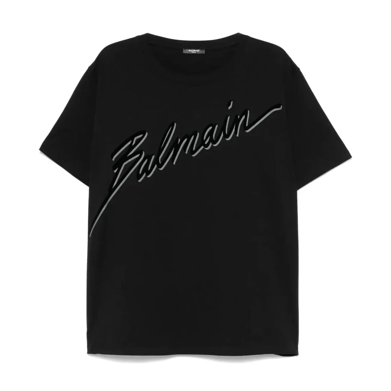 Balmain luxury black cotton t-shirt featuring a stylish loose fit and elegant script logo design. This premium designer piece is perfect for a relaxed yet sophisticated look, ideal for casual outings or elevated streetwear. The high-quality craftsmanship ensures comfort and durability, making it a must-have for fashion-forward individuals. Available at Lestyle Boutique Melbourne.