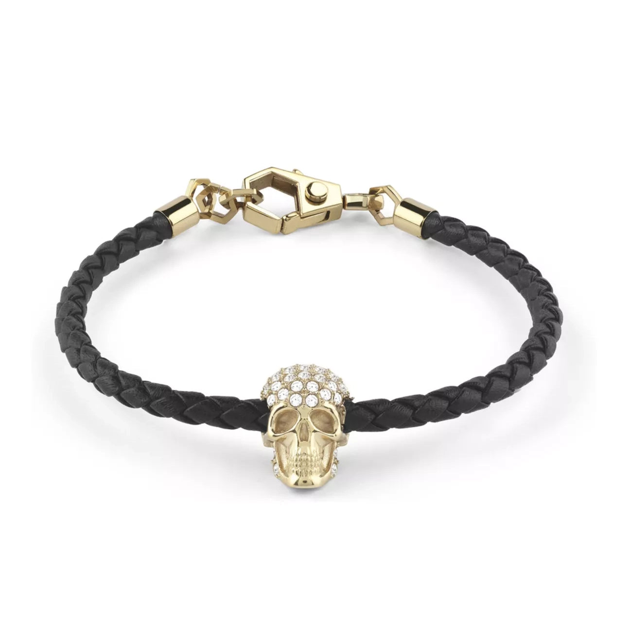 Philipp Plein gold and black braided leather bracelet with a crystal-studded skull charm and gold-tone clasp, available at Lestyle Boutique at 136 Little Collins Street, Melbourne.