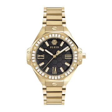 Philipp Plein women's gold 39mm bracelet watch with gemstone bezel and black patterned dial, available at Lestyle Boutique at 136 Little Collins Street, Melbourne.
