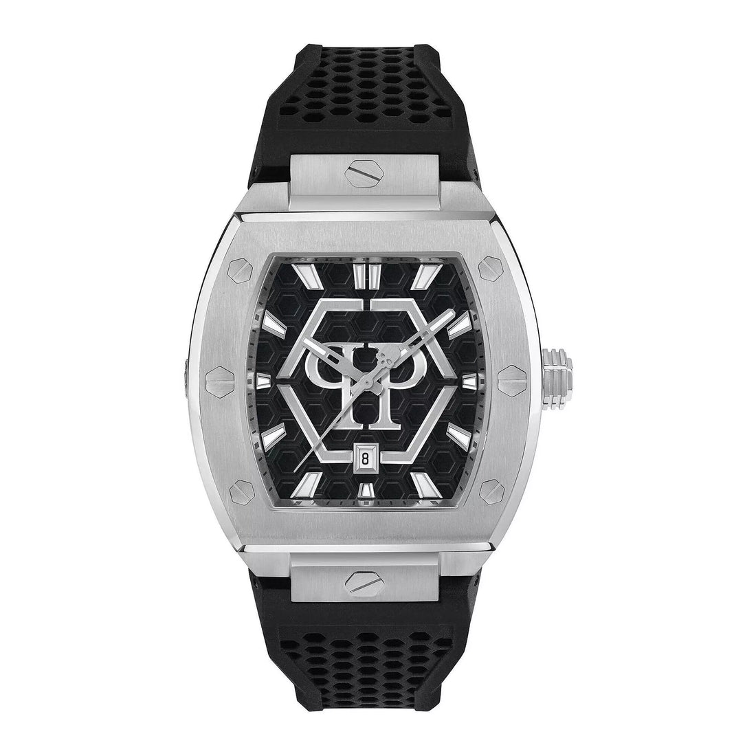 Philipp Plein Hexagon Phantom men’s watch with black silicone strap and hexagonal dial in stainless steel, available at Lestyle Boutique at 136 Little Collins Street, Melbourne.