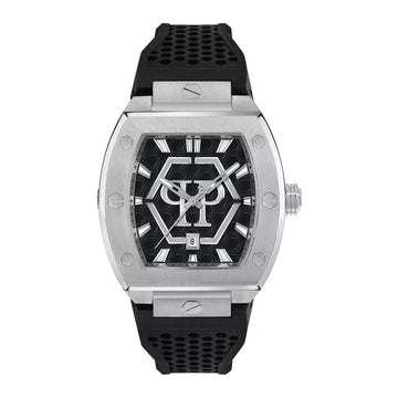Philipp Plein Hexagon Phantom men’s watch with black silicone strap and hexagonal dial in stainless steel, available at Lestyle Boutique at 136 Little Collins Street, Melbourne.
