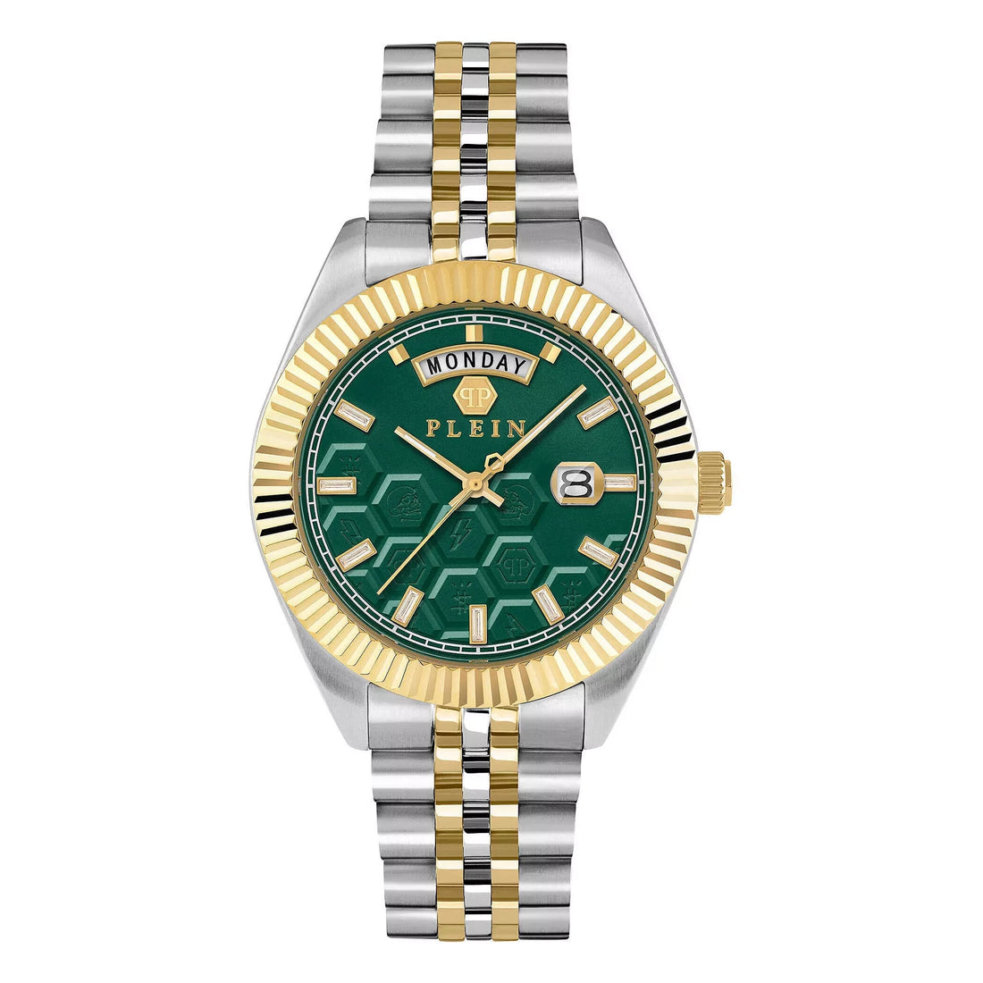 Philipp Plein men's Date Superlative watch in green with gold and silver stainless steel bracelet, available at Lestyle Boutique at 136 Little Collins Street, Melbourne.