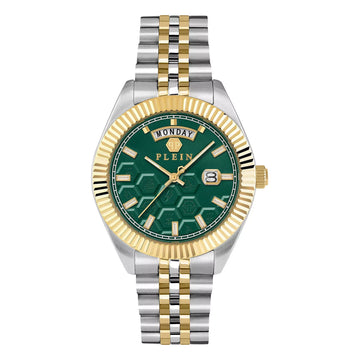 Philipp Plein men's Date Superlative watch in green with gold and silver stainless steel bracelet, available at Lestyle Boutique at 136 Little Collins Street, Melbourne.