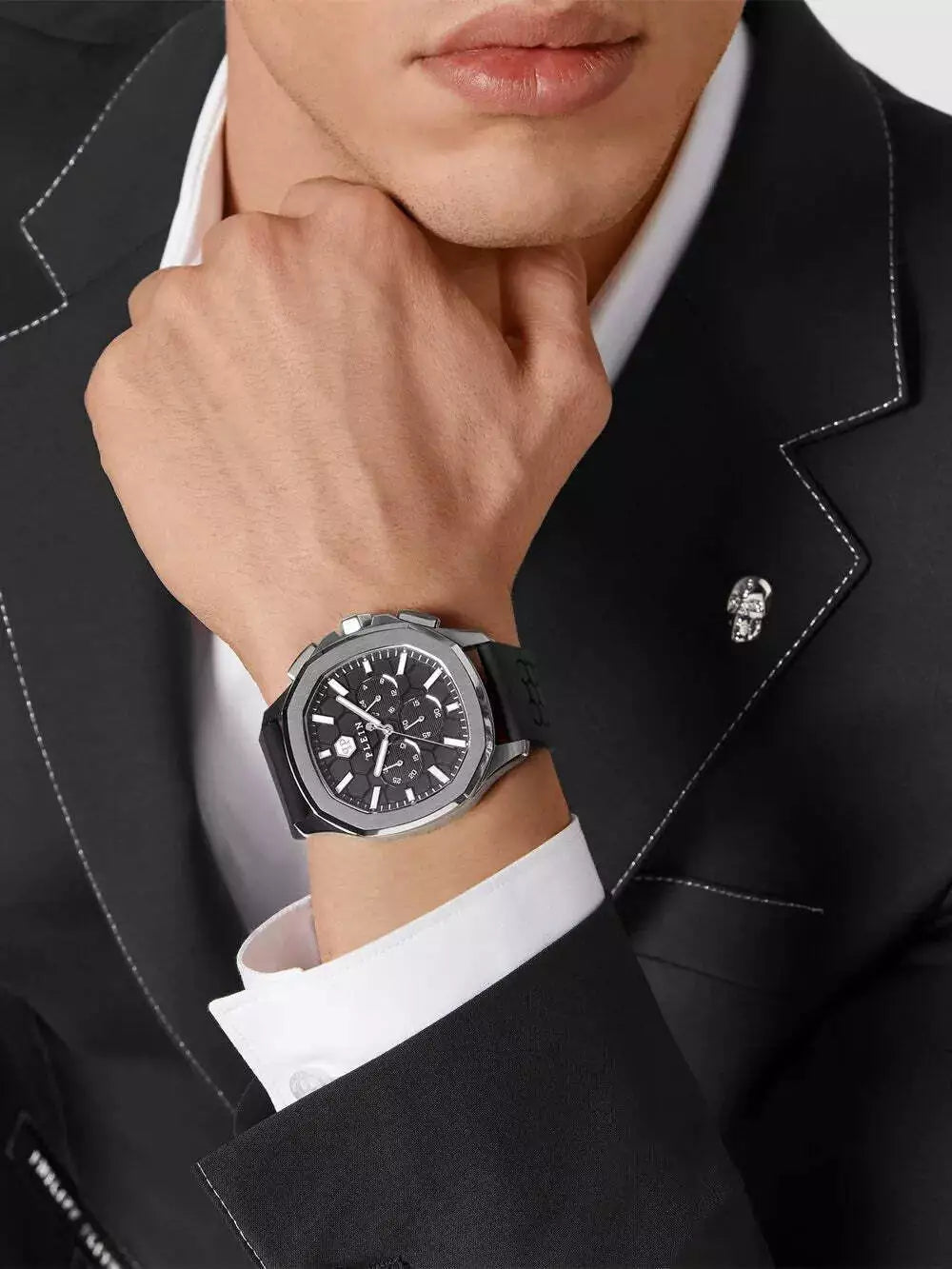 Philipp Plein men's High-Conic Chronograph watch in silver with a black dial and silicone strap, available at Lestyle Boutique at 136 Little Collins Street, Melbourne.