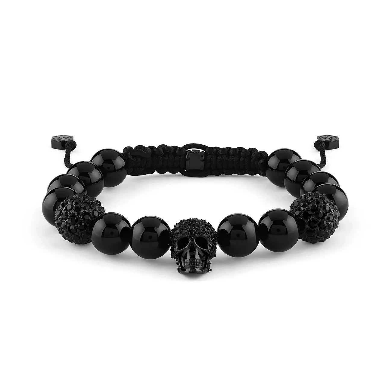 Philipp Plein black beaded bracelet with black stainless steel skull charms and adjustable textile cord, available at Lestyle Boutique at 136 Little Collins Street, Melbourne.