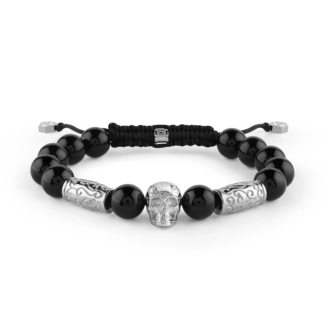 Philipp Plein black beaded bracelet with silver stainless steel skull and engraved barrel charms, finished with an adjustable textile cord, available at Lestyle Boutique at 136 Little Collins Street, Melbourne.