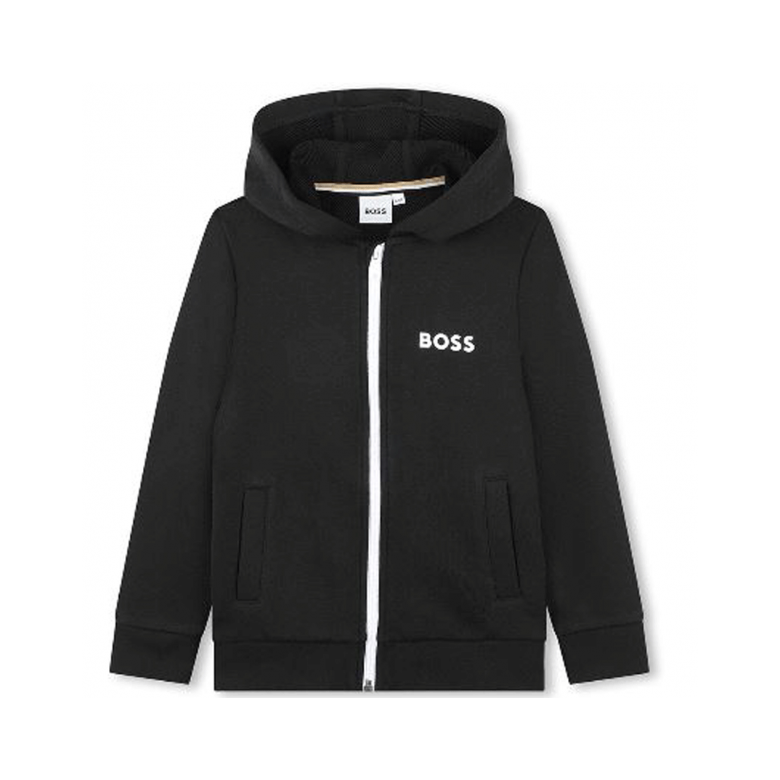BOSS Kids black logo zip hoodie with white detailing, available at Lestyle Boutique Melbourne.