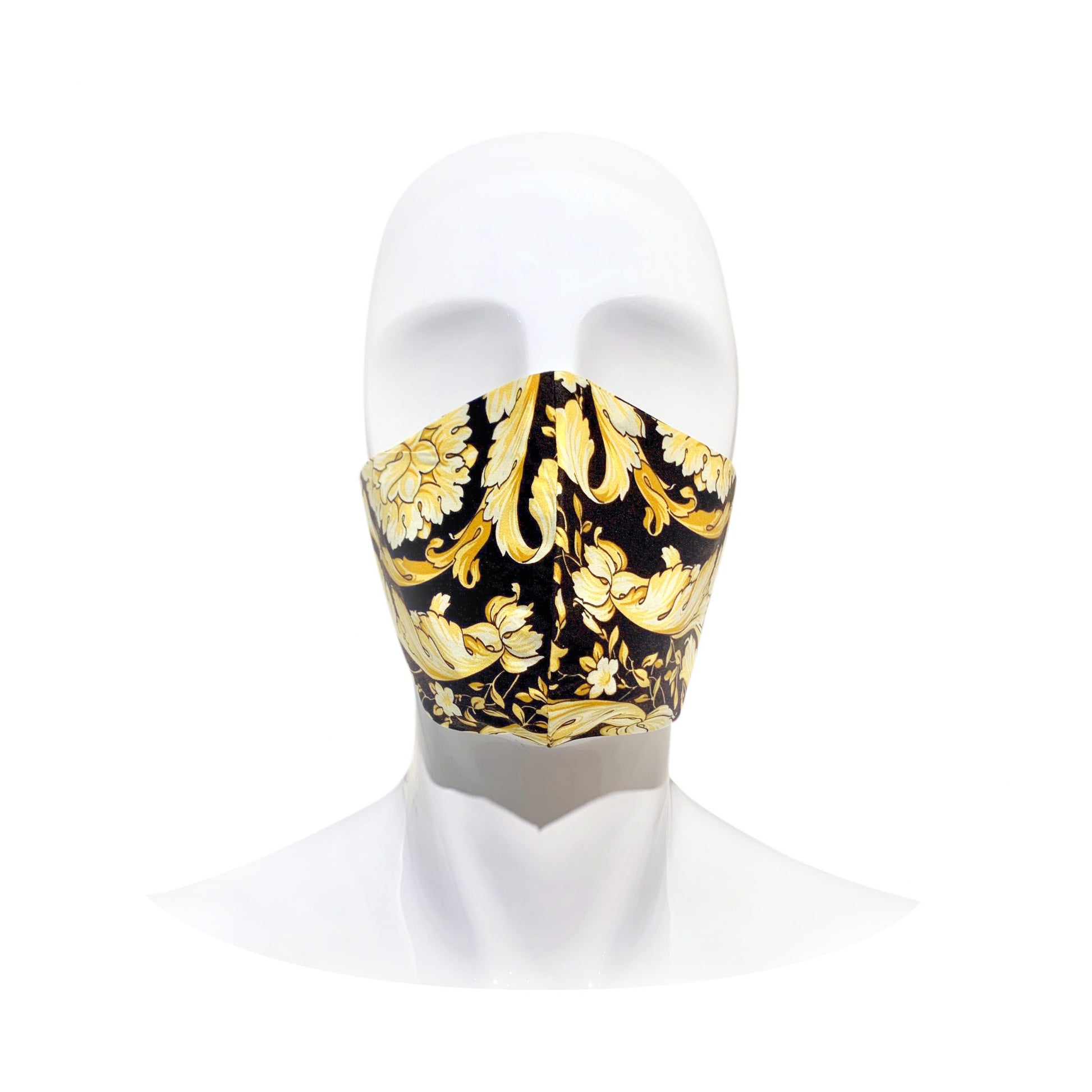 Vanitas pattern cotton face mask with floral-inspired design in gold and black, offering stylish protection for allergy season - Lestyle Boutique Melbourne
