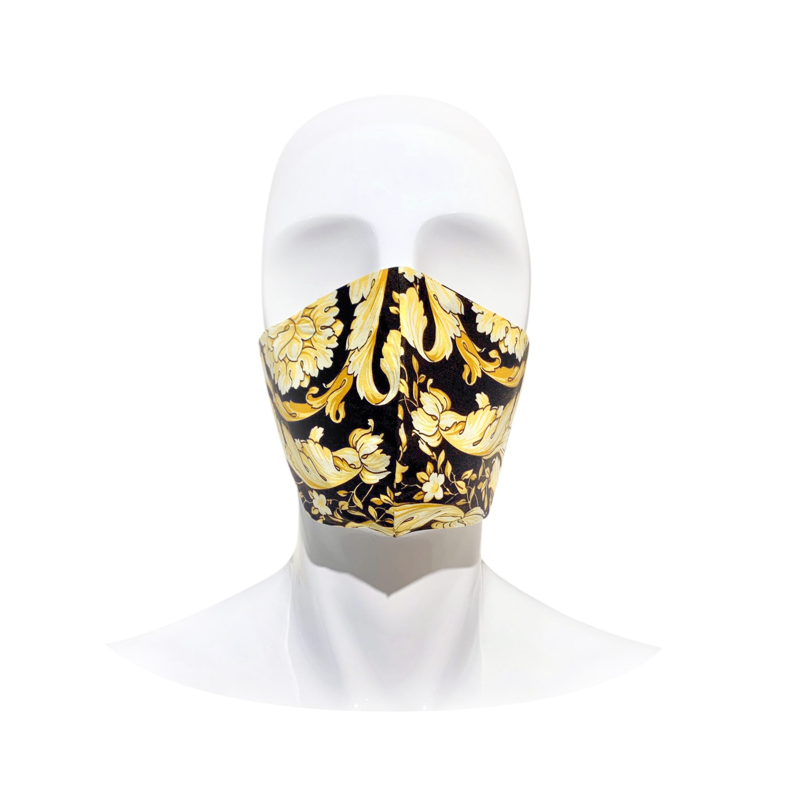 Vanitas pattern cotton face mask with floral-inspired design in gold and black, offering stylish protection for allergy season - Lestyle Boutique Melbourne
