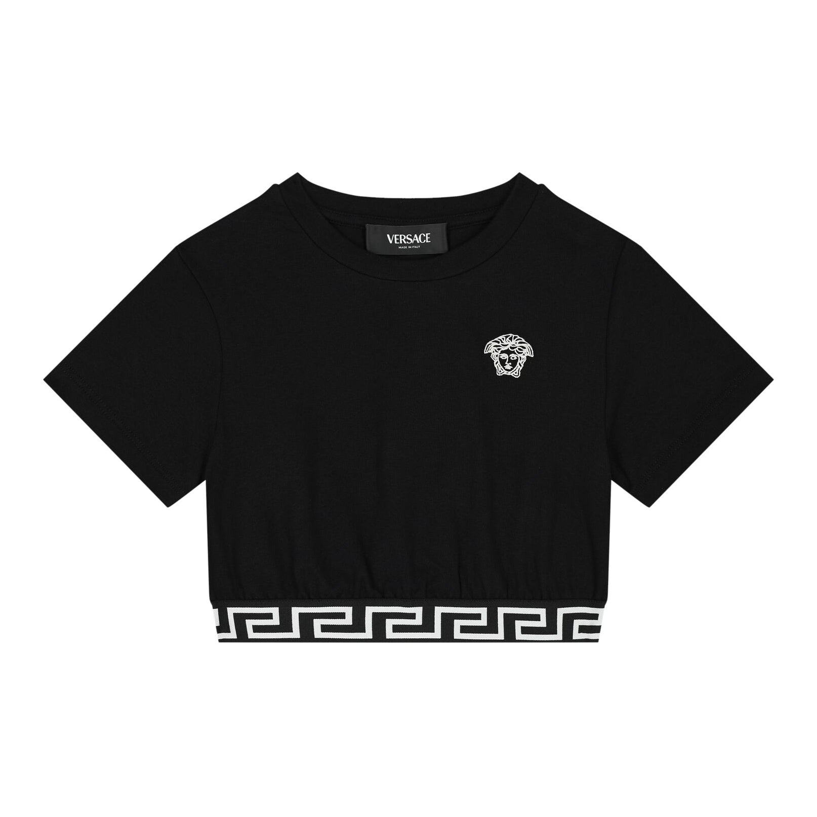 Versace Girls Black Medusa T-Shirt made from soft cotton jersey, featuring an embroidered Medusa motif on the chest and an elasticated hem with the signature white Greca motif. Stylish and comfortable, available at Lestyle Boutique.