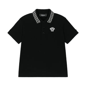 VERSACE BLACK LOGO POLO WITH GRECA COLLAR DETAIL AND MEDUSA KIDS EMBROIDERY, AVAILABLE AT LESTYLE BOUTIQUE MELBOURNE.