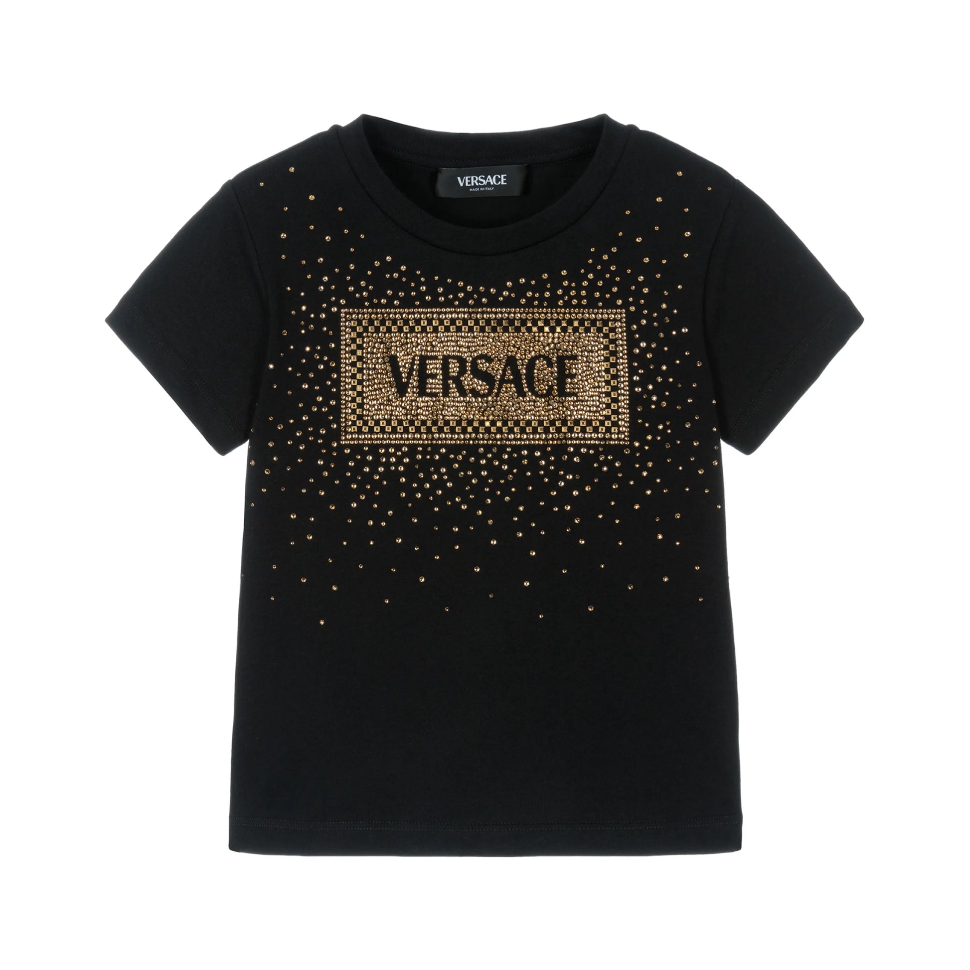 Versace Black Strass Logo T-Shirt featuring a dazzling strass logo design, short sleeves, and a crew neck, crafted in black cotton for a statement look, available at Lestyle Boutique.