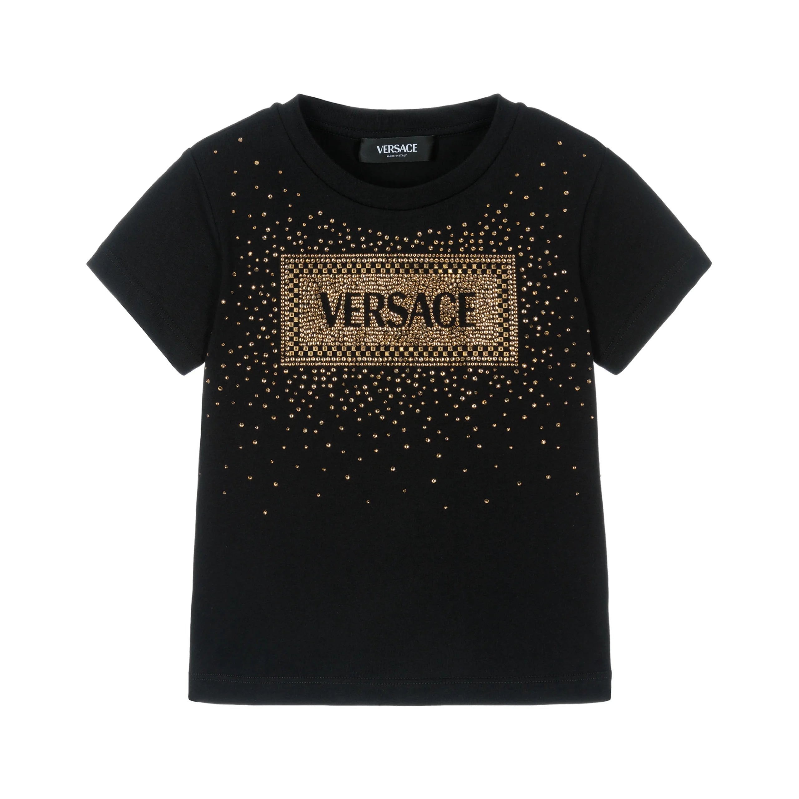 Versace Black Strass Logo T-Shirt featuring a dazzling strass logo design, short sleeves, and a crew neck, crafted in black cotton for a statement look, available at Lestyle Boutique.