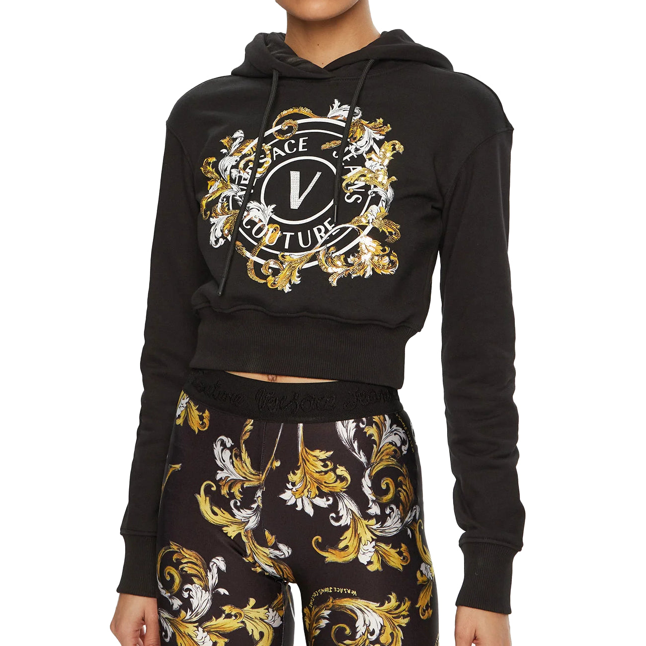 Versace Jeans Couture Black Sweatshirt with baroque "V" logo print and shimmering sequins, ideal for chic streetwear looks, available at Lestyle Boutique.