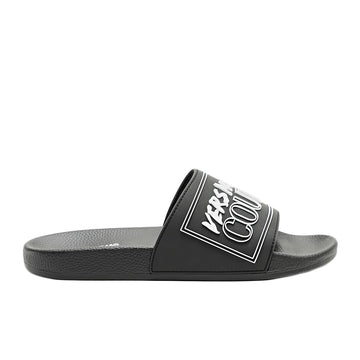 Versace Jeans Couture slides in black with an embossed white logo, featuring a slip-on design and cushioned sole for comfort and effortless style, available at Lestyle Boutique.