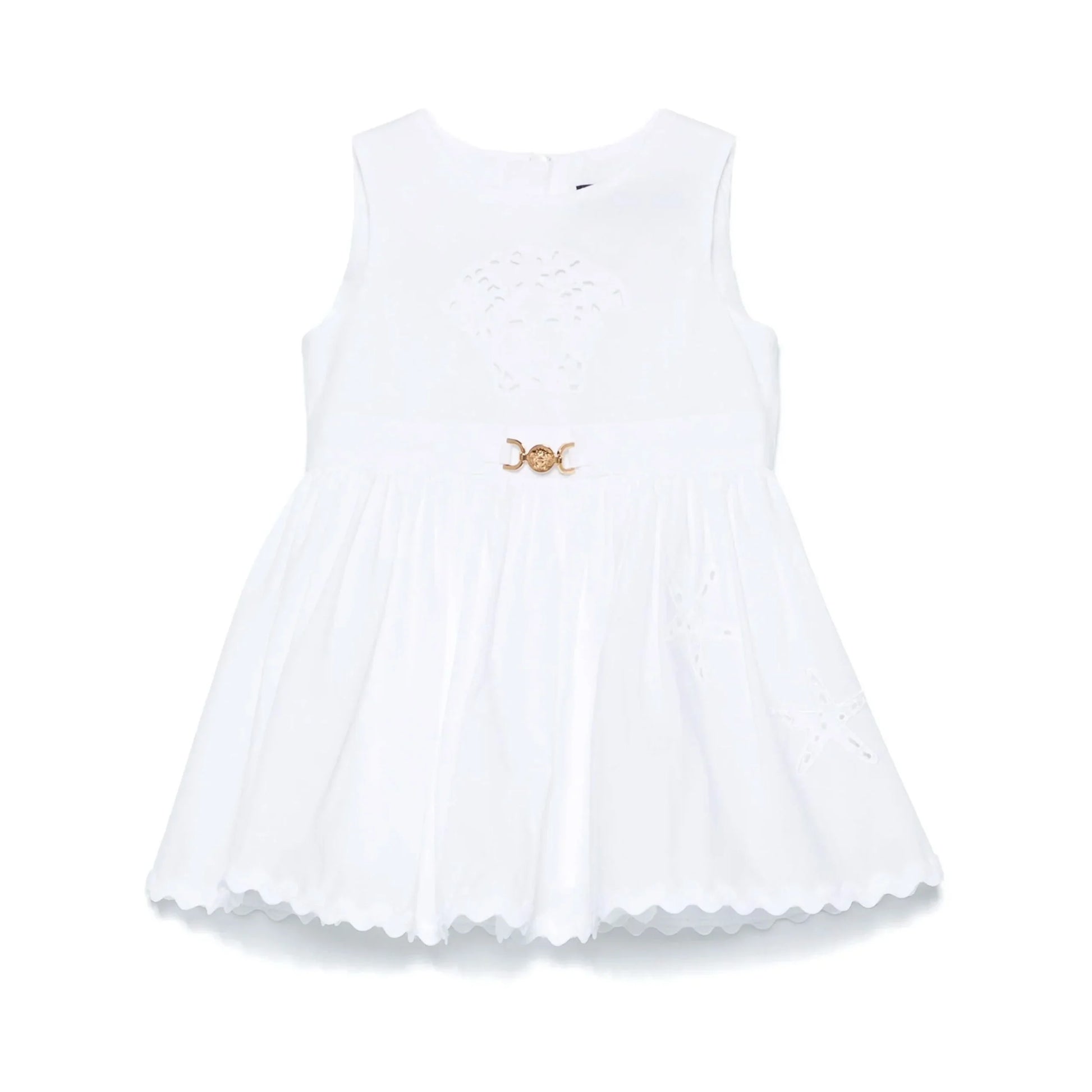 Girls white Barocco dress by Versace with gold Medusa hardware, available at Lestyle Boutique Melbourne.