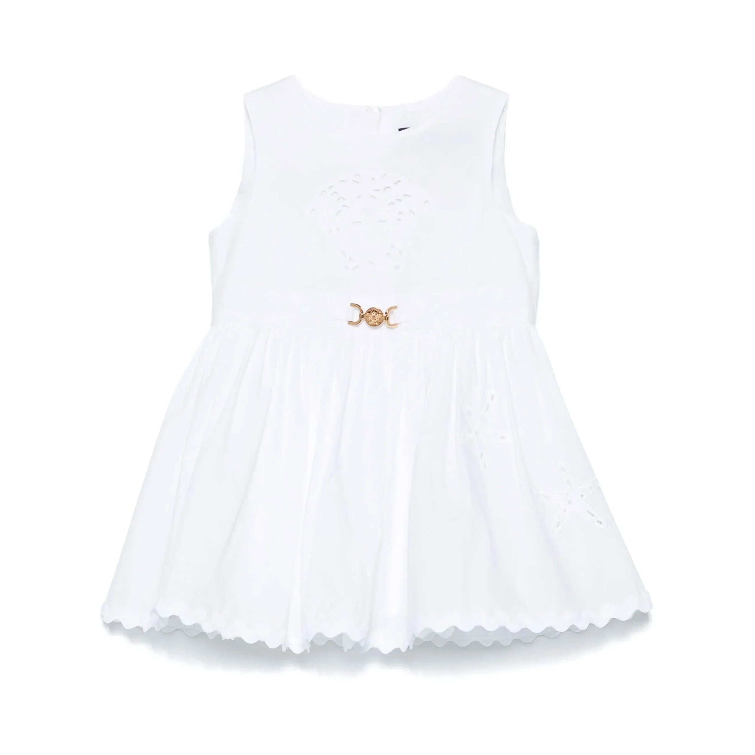 Girls white Barocco dress by Versace with gold Medusa hardware, available at Lestyle Boutique Melbourne.