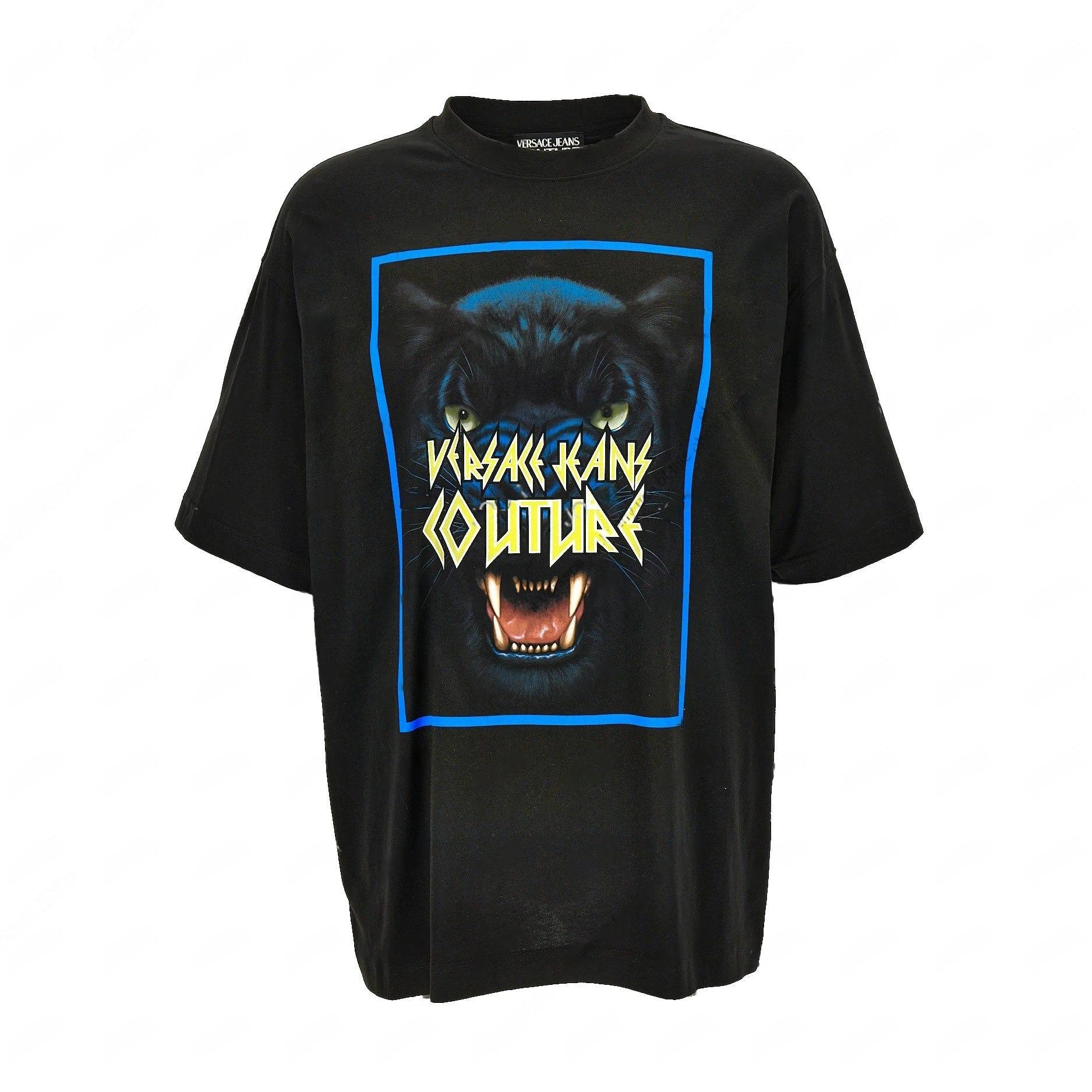 Versace Jeans Couture screen-printed T-shirt in black, featuring a bold panther graphic and modern crewneck design, available at Lestyle Boutique.