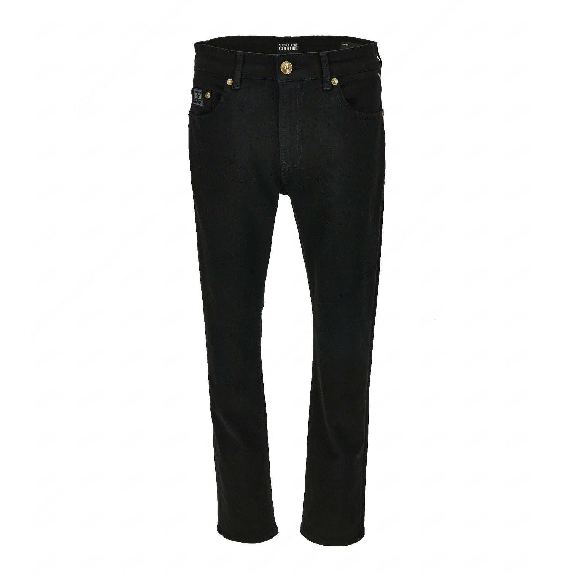 Versace Jeans Couture Black 5-Pocket Pants featuring a slim fit, signature logo details, and a structured silhouette, offering both style and practicality—available at Lestyle Boutique.