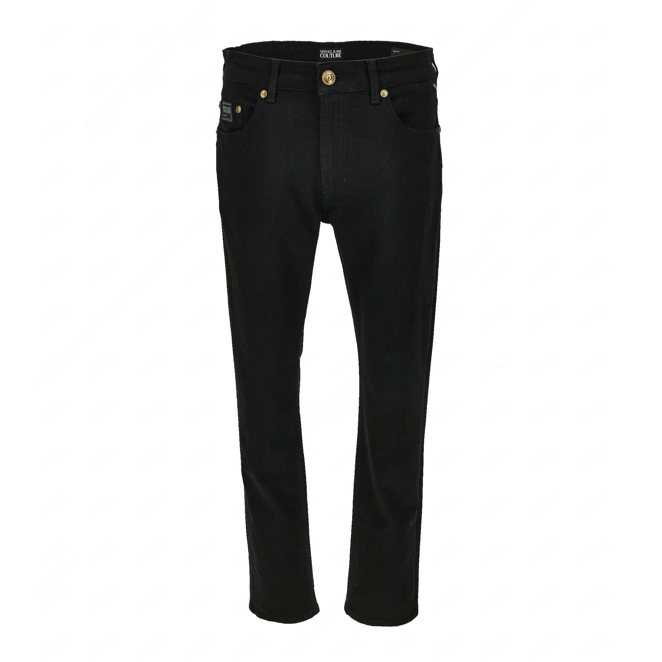 Versace Jeans Couture Black 5-Pocket Pants featuring a slim fit, signature logo details, and a structured silhouette, offering both style and practicality—available at Lestyle Boutique.