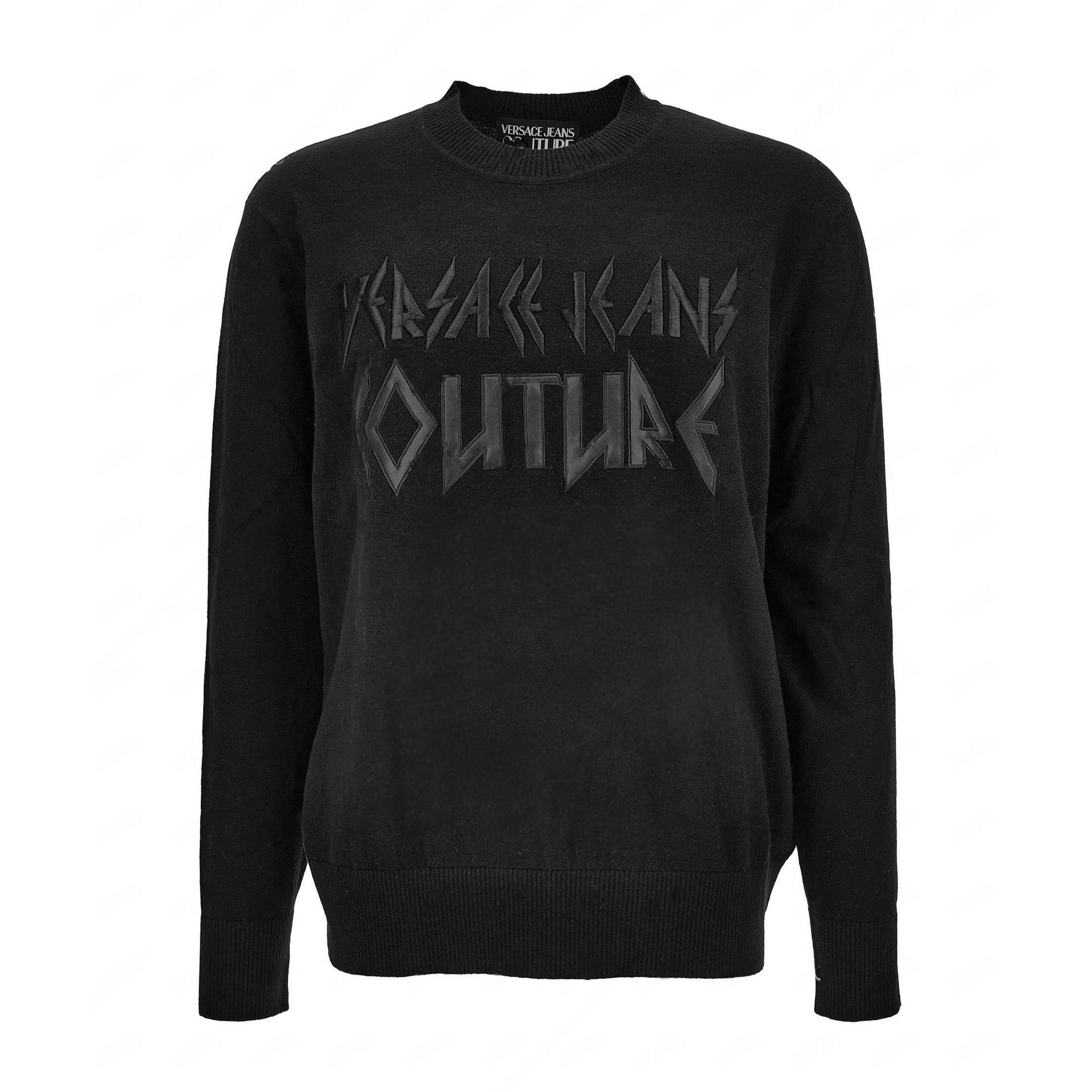 Versace Jeans Couture Embossed Logo Knit Sweater in black, featuring a classic crewneck design and bold embossed logo detail, offering comfort and sophistication, available at Lestyle Boutique.