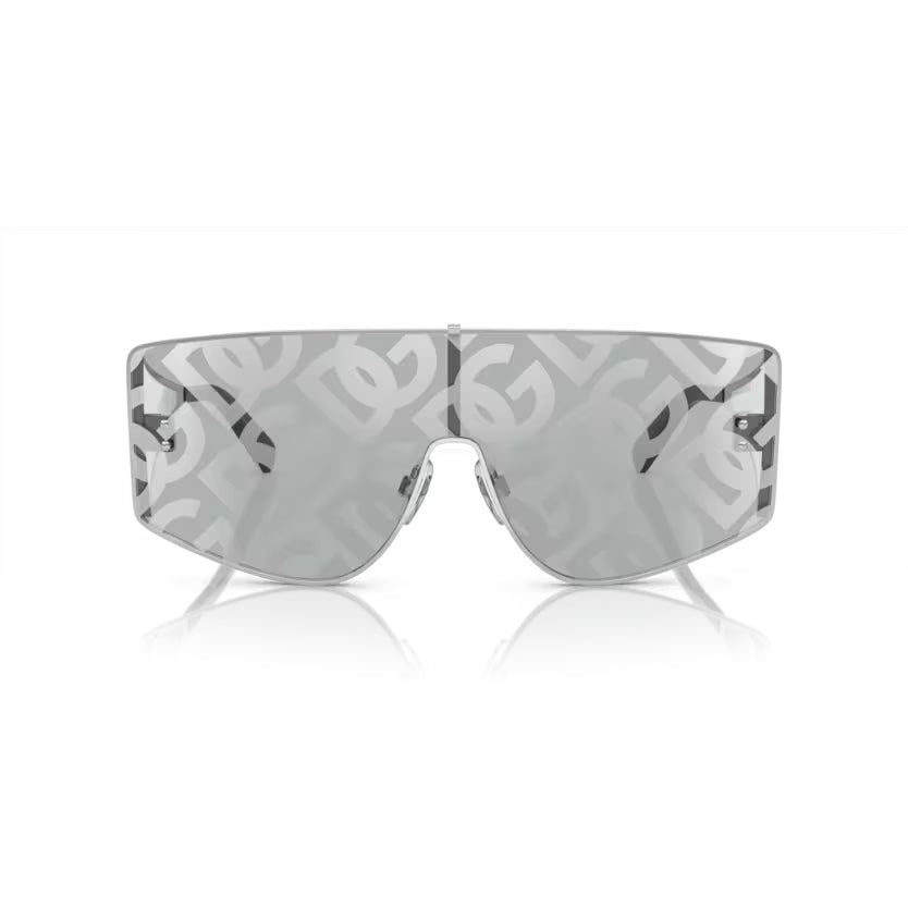 Front and side view of Dolce&Gabbana silver rectangle metal sunglasses with mirrored silver lenses, available at Lestyle. Unisex design with a polished finish and adjustable nose pads for comfort.