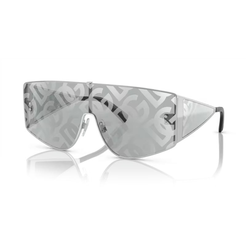 Front and side view of Dolce&Gabbana silver rectangle metal sunglasses with mirrored silver lenses, available at Lestyle. Unisex design with a polished finish and adjustable nose pads for comfort.