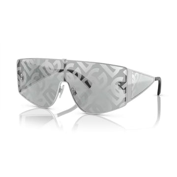 Front and side view of Dolce&Gabbana silver rectangle metal sunglasses with mirrored silver lenses, available at Lestyle. Unisex design with a polished finish and adjustable nose pads for comfort.