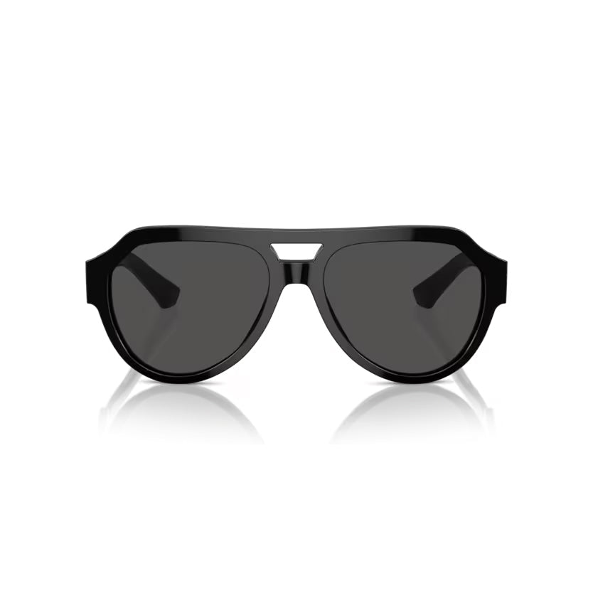 Front and side view of Dolce & Gabbana black square acetate sunglasses with dark grey lenses, available at Lestyle. Men's design with a shiny finish and high bridge fit for maximum comfort.