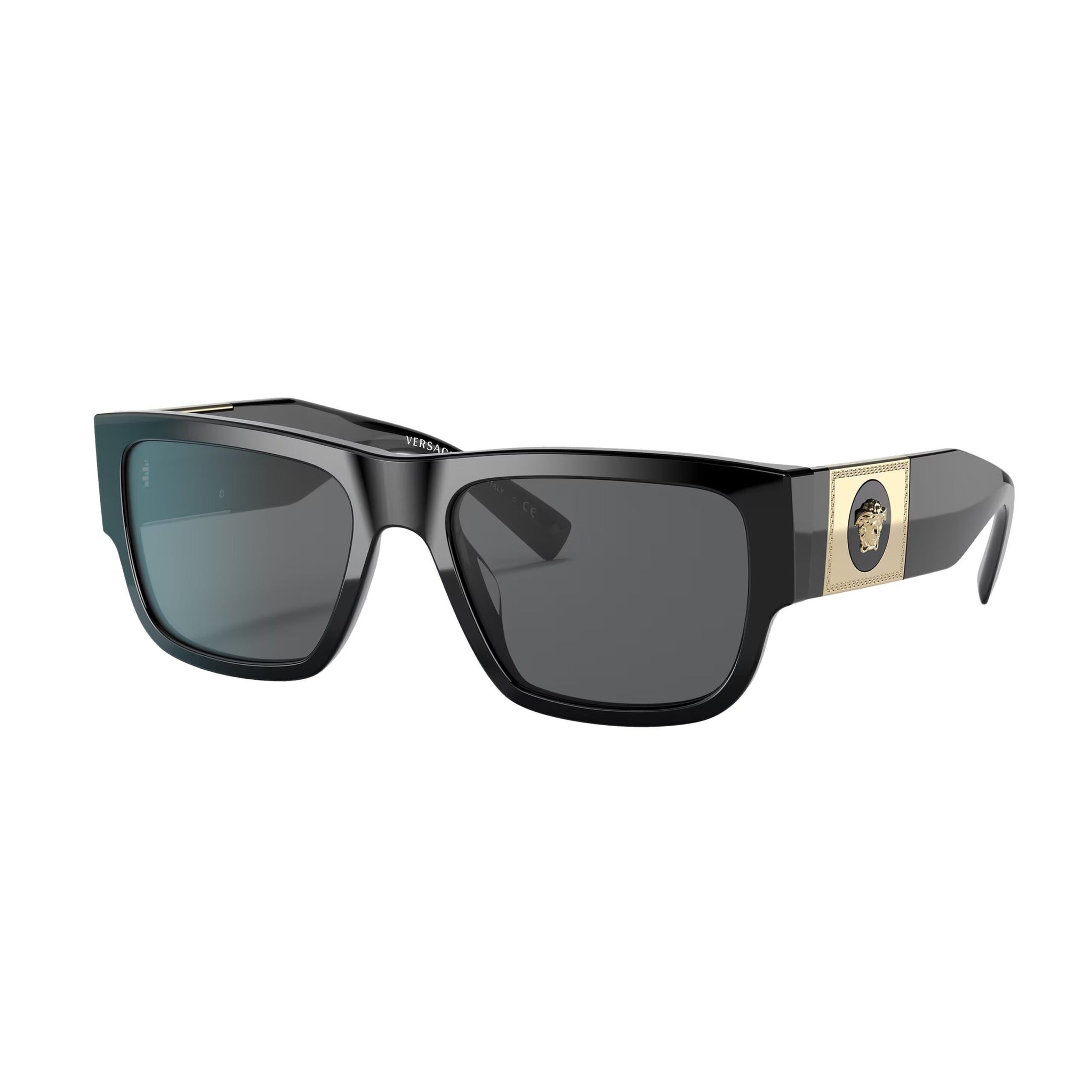 Versace black square sunglasses with grey lenses and Medusa emblem, available at Lestyle Boutique Melbourne. A luxurious and stylish accessory for sunny days.