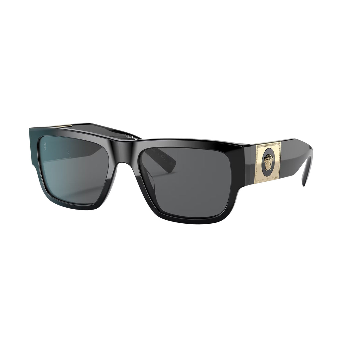 Versace black square sunglasses with grey lenses and Medusa emblem, available at Lestyle Boutique Melbourne. A luxurious and stylish accessory for sunny days.
