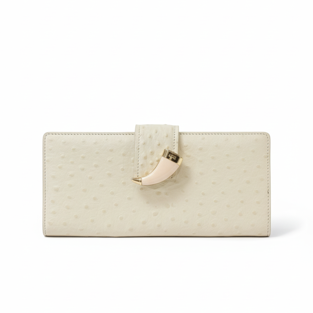 Just Cavalli wallet featuring horn clasp in ivory with ostrich-textured leather, available at Lestyle Boutique Melbourne