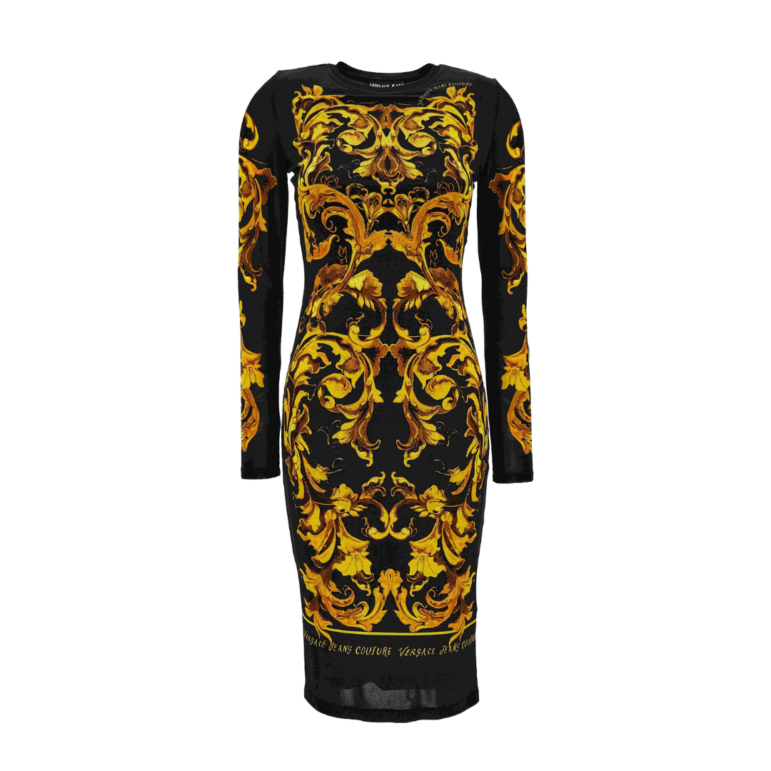 VERSACE JEANS COUTURE dress featuring gold baroque print available at Lestyle Boutique Melbourne