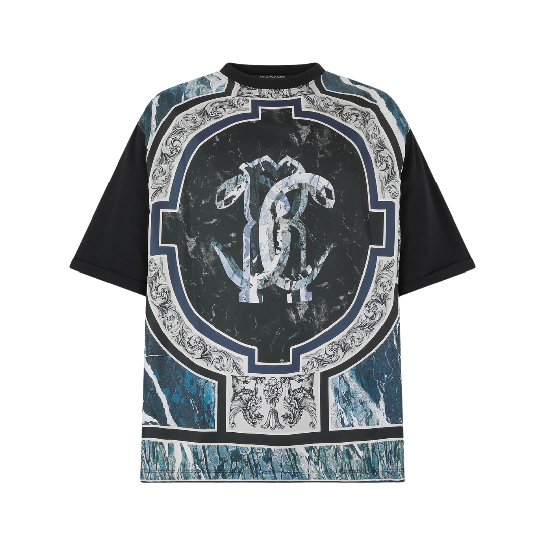 Roberto Cavalli T-shirt featuring marble-effect print with Mirror Snake Monogram available at Lestyle Boutique Melbourne