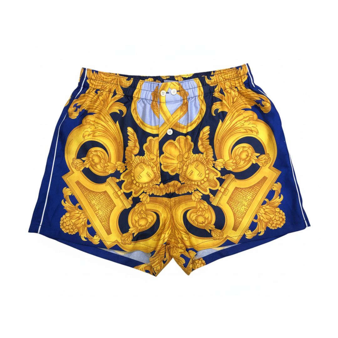 Blue shorts with gold baroque pattern on a white background , Lestyle boutique