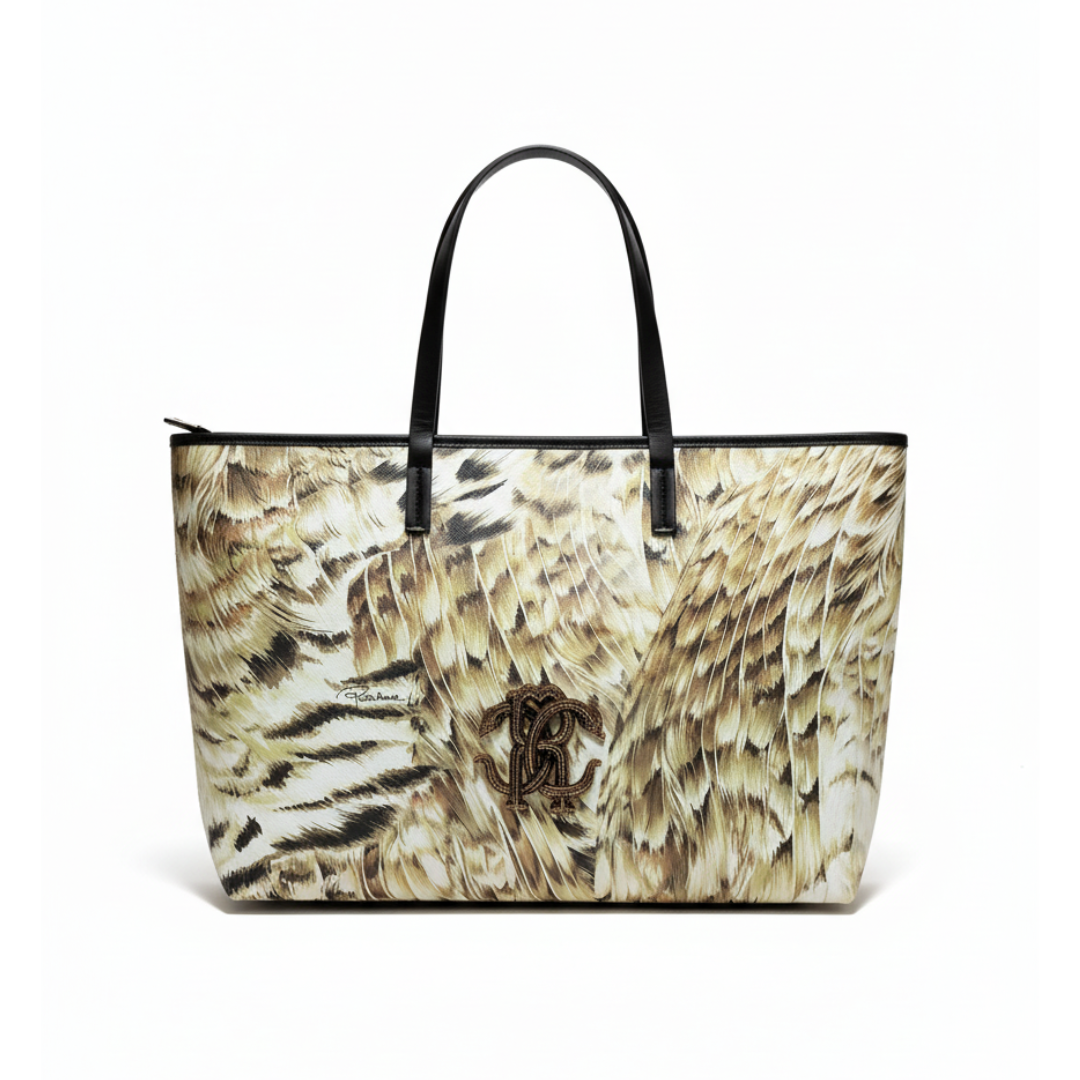 Roberto Cavalli tote bag featuring feather print and black leather handles available at Lestyle Boutique Melbourne