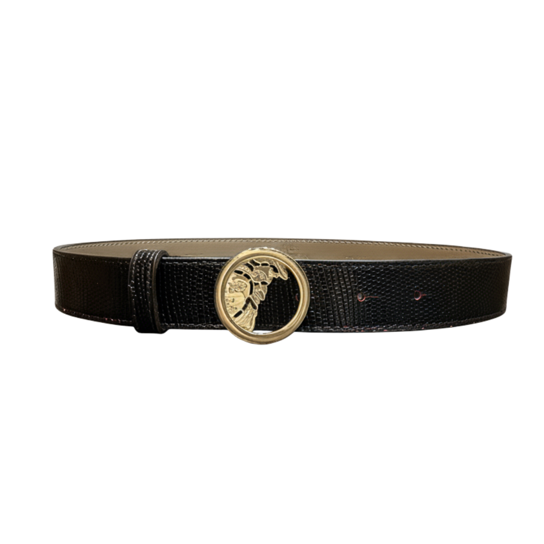 Versace Collection belt featuring gold Medusa buckle available at Lestyle Boutique Melbourne
