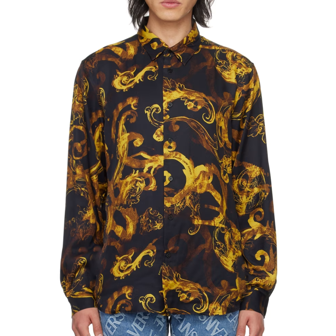 Versace Jeans Couture shirt with black and gold logo pattern in viscose twill, available at Lestyle Boutique Melbourne