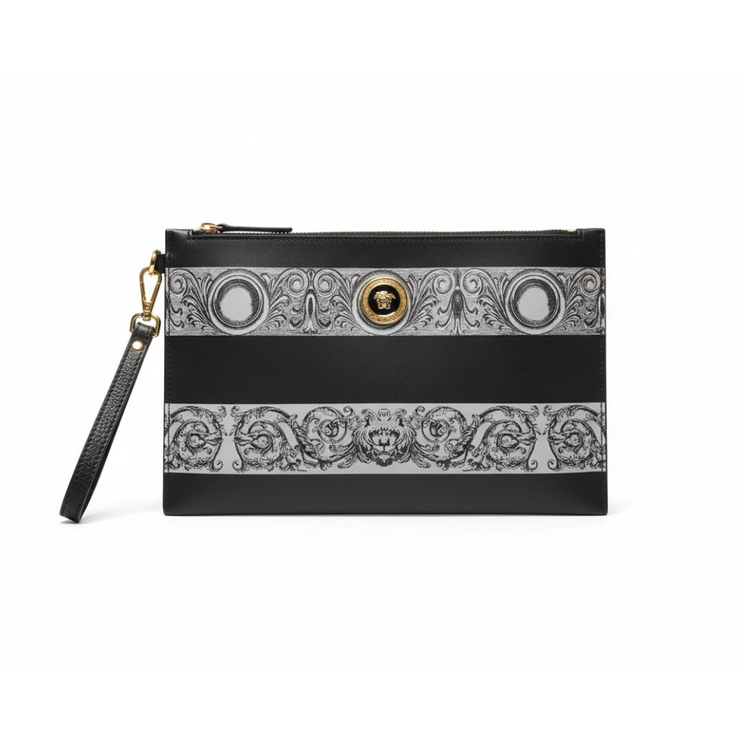 Versace clutch featuring baroque pattern and gold-tone medallion available at Lestyle Boutique Melbourne