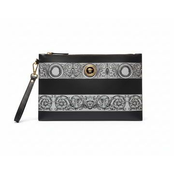 Versace clutch featuring baroque pattern and gold-tone medallion available at Lestyle Boutique Melbourne