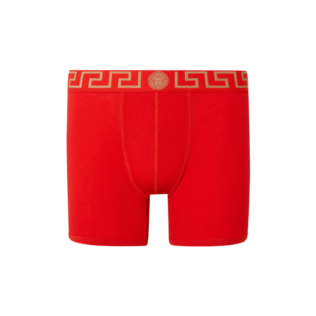 Versace trunks featuring a Greca border and Medusa motif on red elastic waistband, available at Lestyle Boutique Melbourne